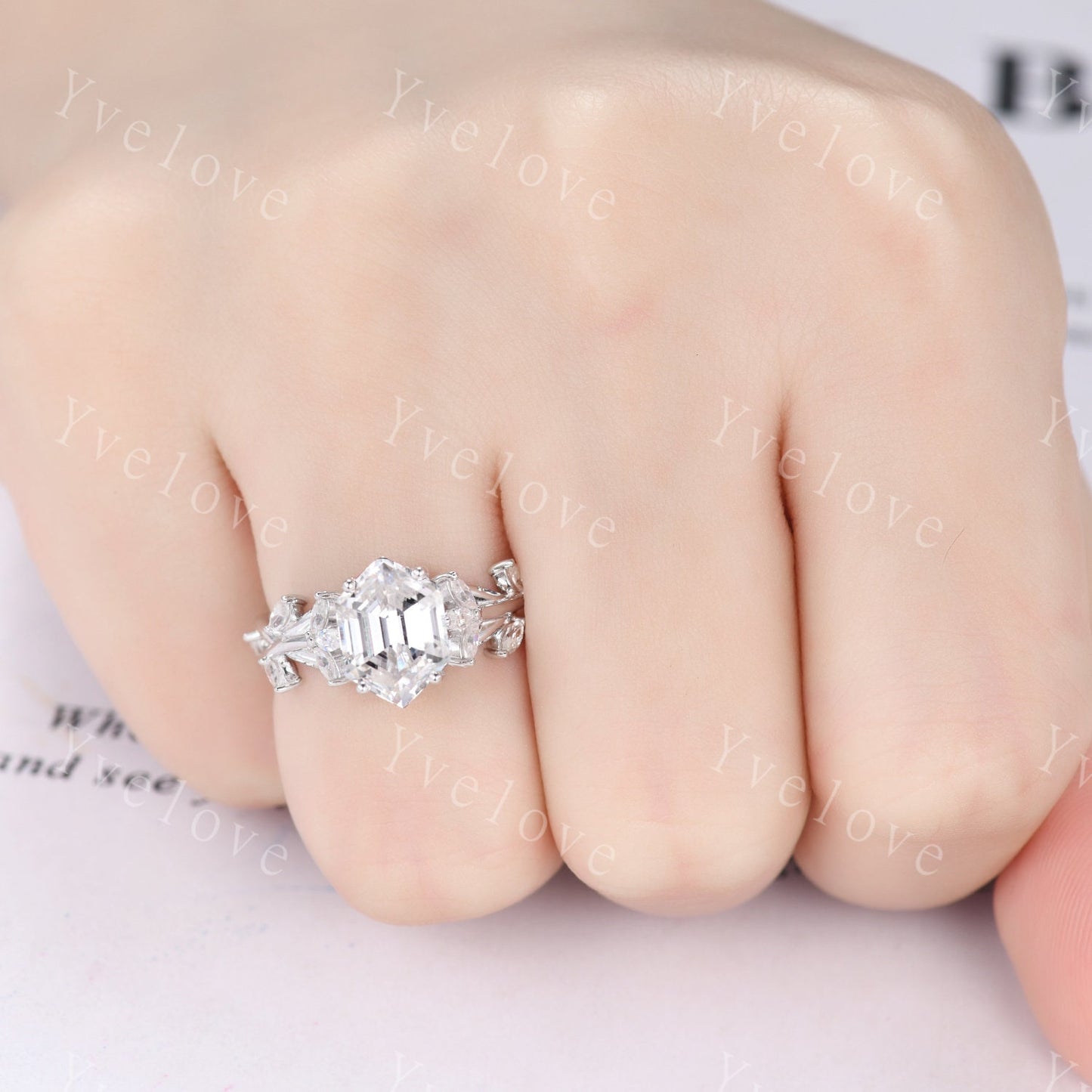 Unique hexagon moissanite engagement ring,cluster branch leaf marquise moissanite,white gold ring,vintage anniversary promise gift for women