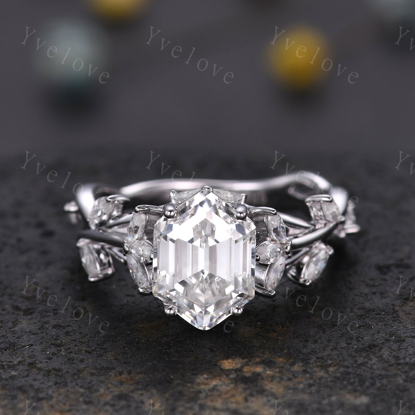 Unique hexagon moissanite engagement ring,cluster branch leaf marquise moissanite,white gold ring,vintage anniversary promise gift for women