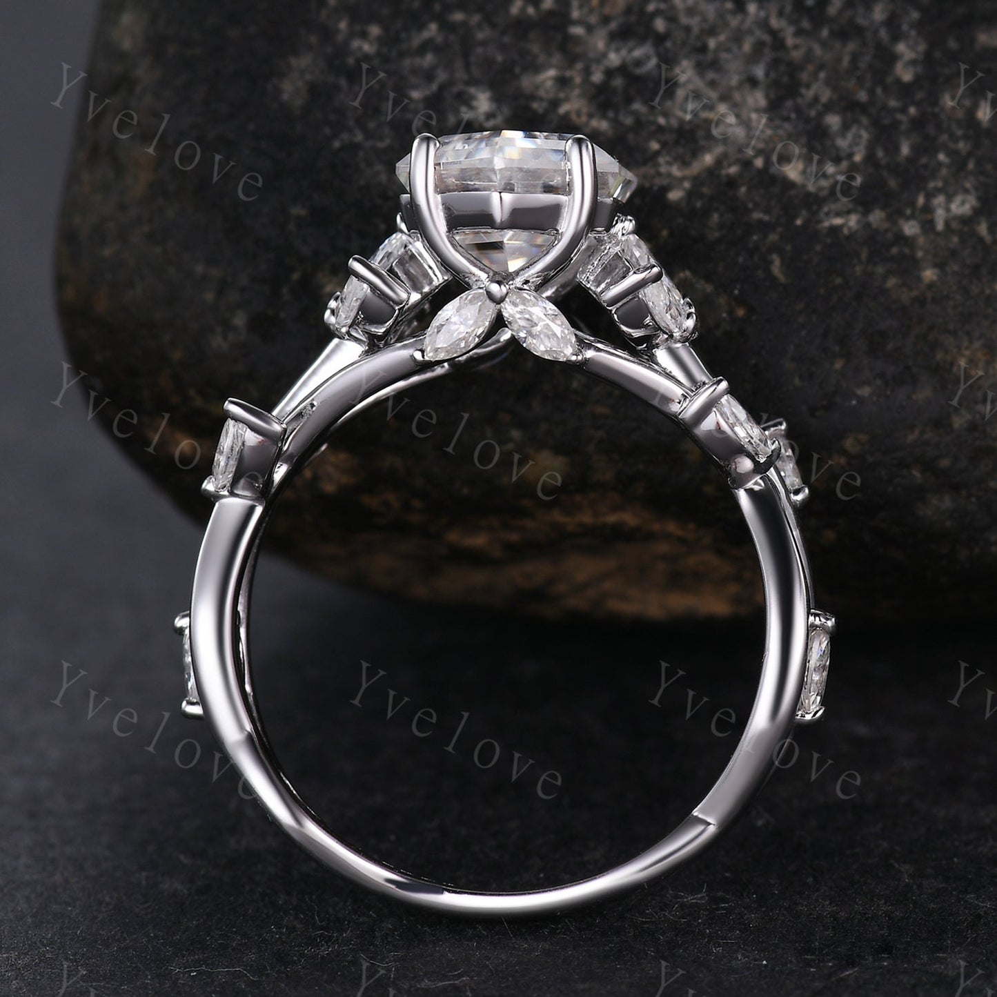 Unique hexagon moissanite engagement ring,cluster branch leaf marquise moissanite,white gold ring,vintage anniversary promise gift for women