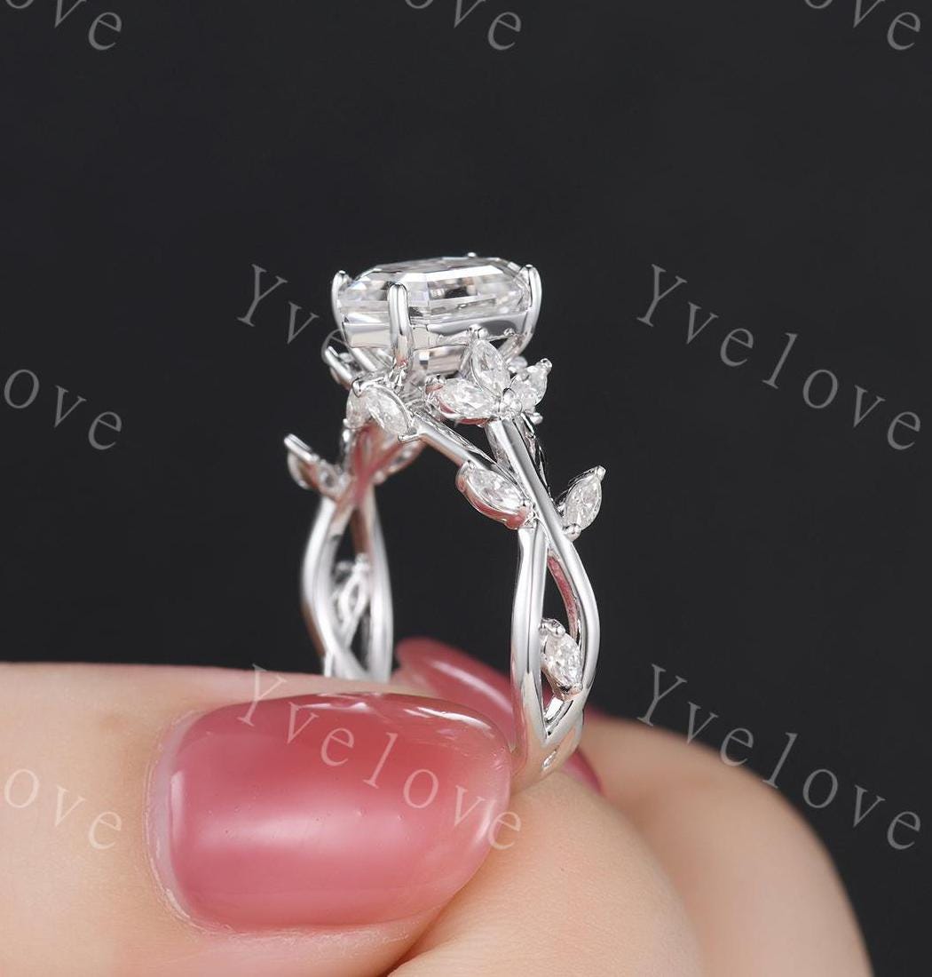 Unique hexagon moissanite engagement ring,cluster branch leaf marquise moissanite,white gold ring,vintage anniversary promise gift for women