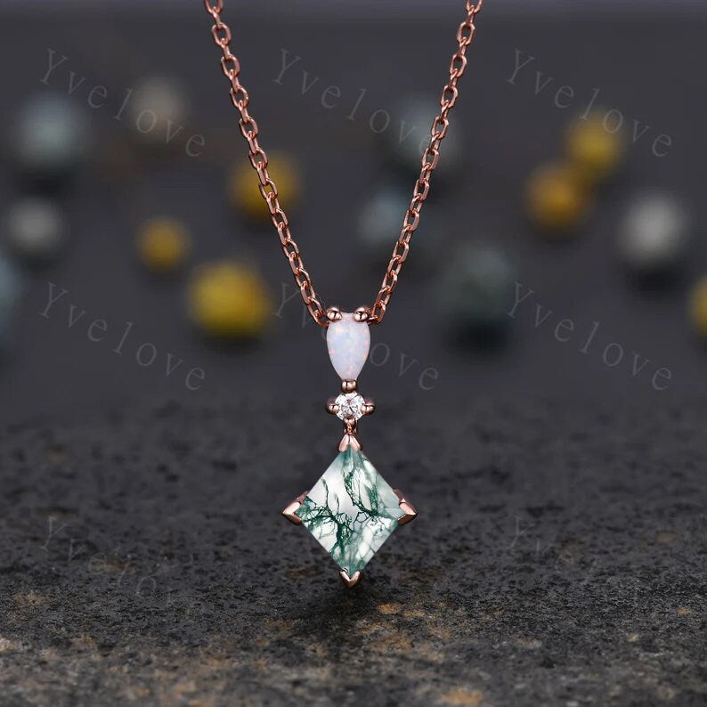 Vintage unique princess cut green emerald necklace 18k rose gold opal diamond personalized pendant promise bridal birthday gift for her
