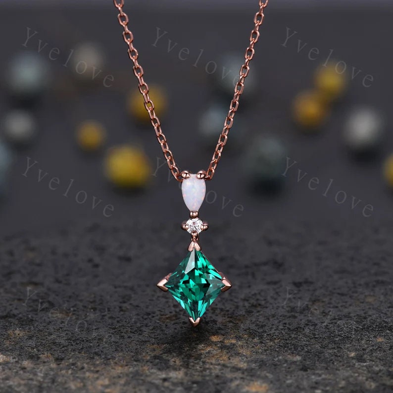 Vintage unique princess cut red ruby necklace solid 14k rose gold opal diamond personalized pendant party anniversary bridal gift for her