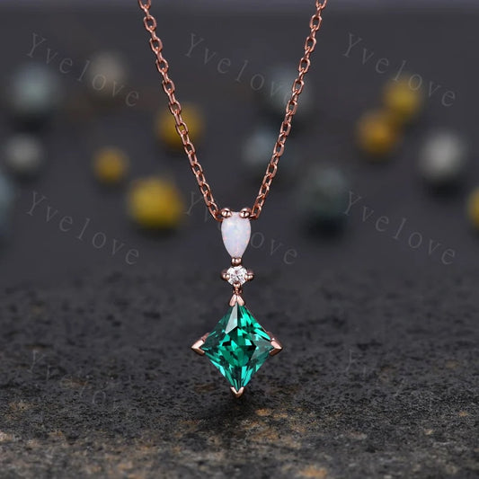 Vintage unique princess cut green emerald necklace 18k rose gold opal diamond personalized pendant promise bridal birthday gift for her