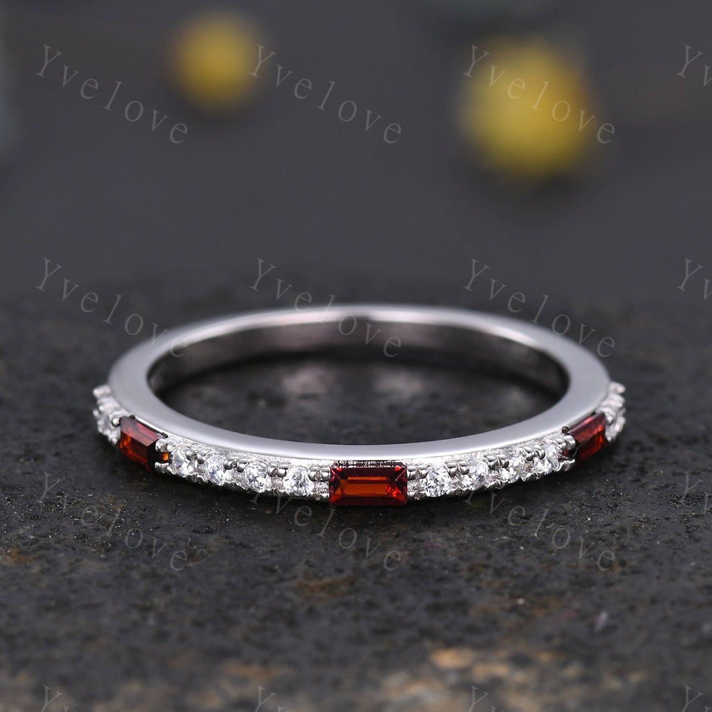 Garnet Ring,Minimalist Stackable Band,Baguette Red Garnet Diamond Wedding Ring,Half Eternity Wedding Band,Silver Ring,Anniversary Ring Gift