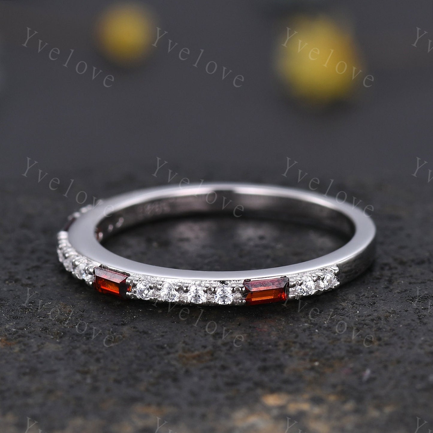 Garnet Ring,Minimalist Stackable Band,Baguette Red Garnet Diamond Wedding Ring,Half Eternity Wedding Band,Silver Ring,Anniversary Ring Gift