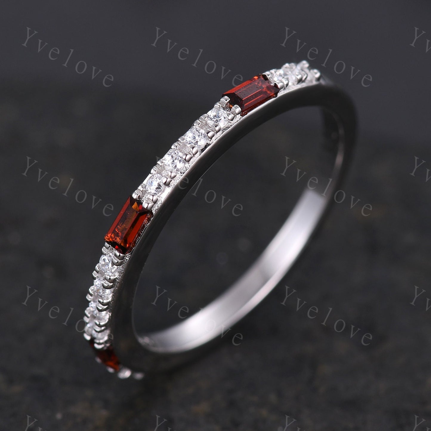 Garnet Ring,Minimalist Stackable Band,Baguette Red Garnet Diamond Wedding Ring,Half Eternity Wedding Band,Silver Ring,Anniversary Ring Gift