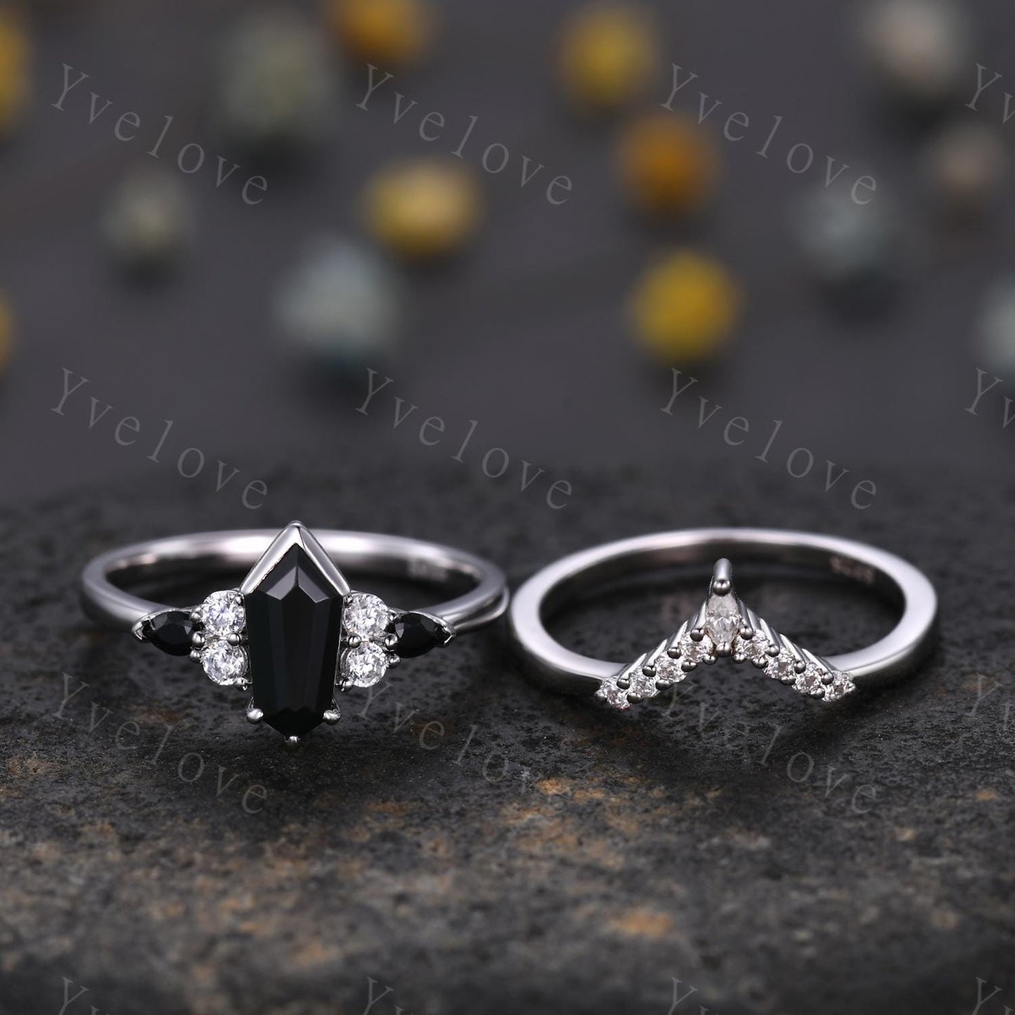 Gothic Coffin Cut Black Onyx Engagement Ring Set,Unique Black Gems Ring,Curved Diamond Stacking Matching Band Promise Anniversary Ring Gift