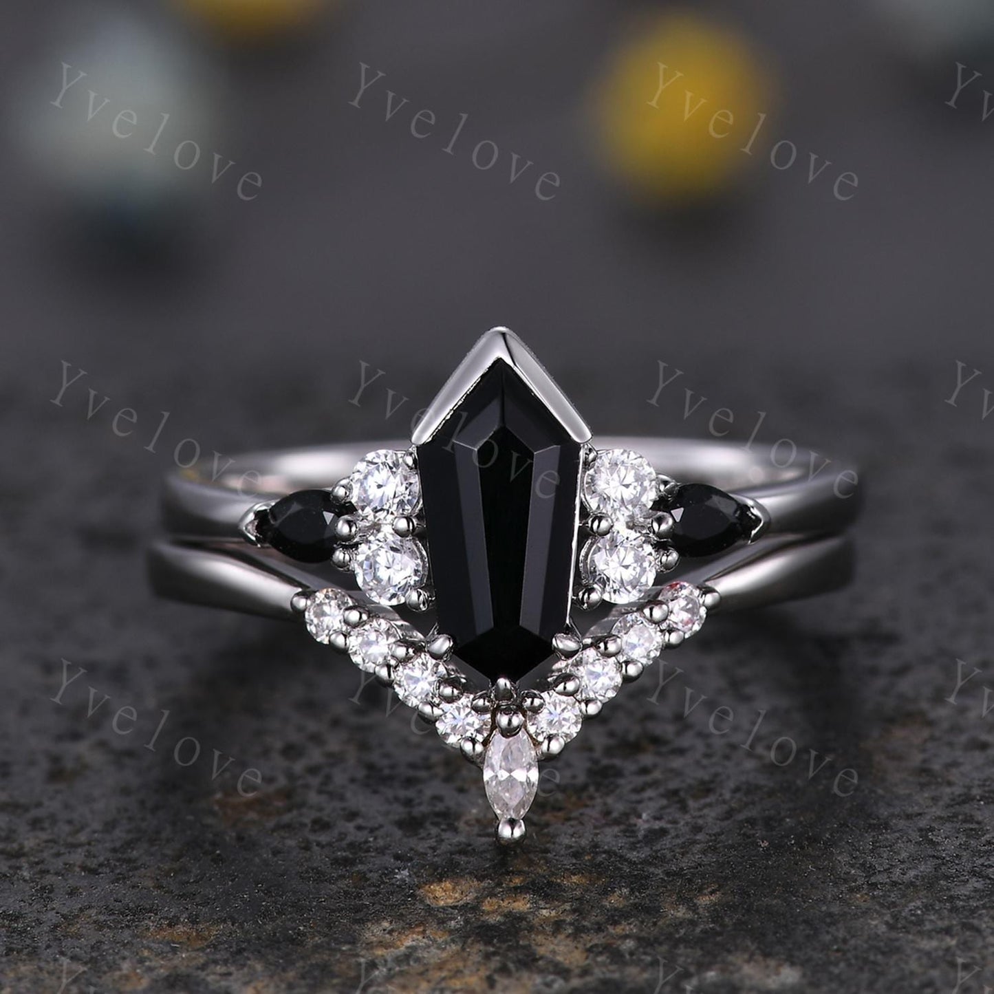 Gothic Coffin Cut Black Onyx Engagement Ring Set,Unique Black Gems Ring,Curved Diamond Stacking Matching Band Promise Anniversary Ring Gift