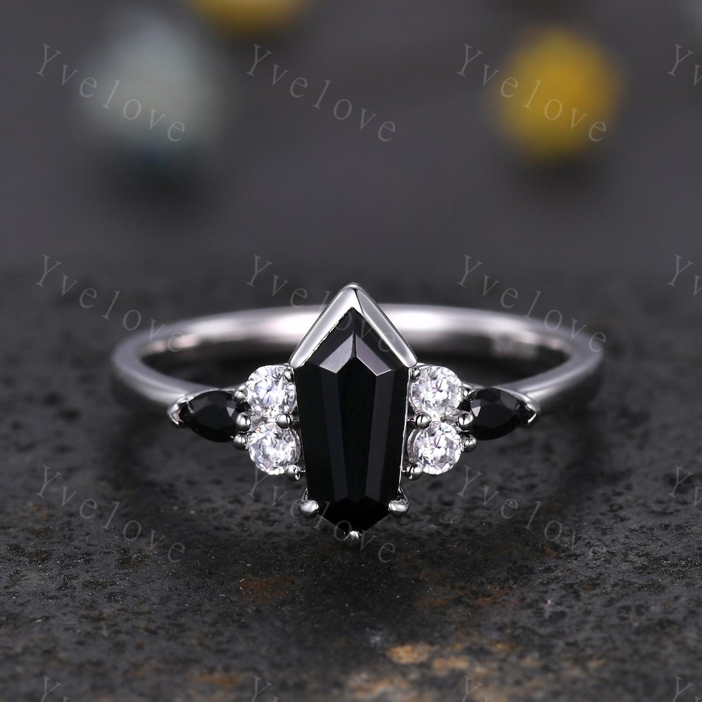 Gothic Coffin Cut Black Onyx Engagement Ring Set,Unique Black Gems Ring,Curved Diamond Stacking Matching Band Promise Anniversary Ring Gift