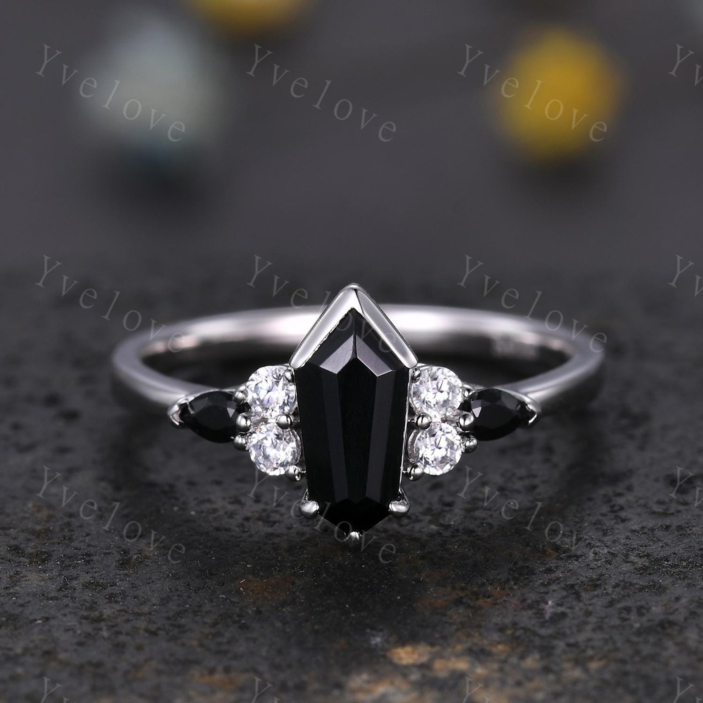 Gothic Coffin Kite Cut Black Onyx Engagement Ring,Unique Black Gems Ring,Diamond Stacking Matching Band Silver Promise Ring Anniversary Gift