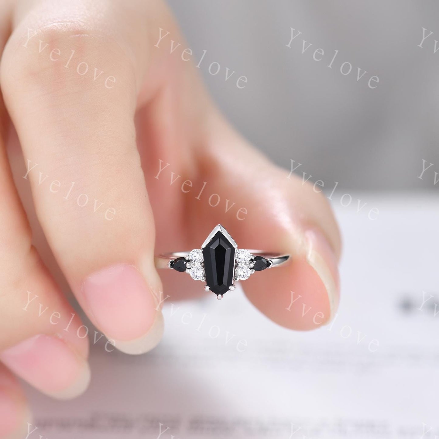 Gothic Coffin Kite Cut Black Onyx Engagement Ring,Unique Black Gems Ring,Diamond Stacking Matching Band Silver Promise Ring Anniversary Gift