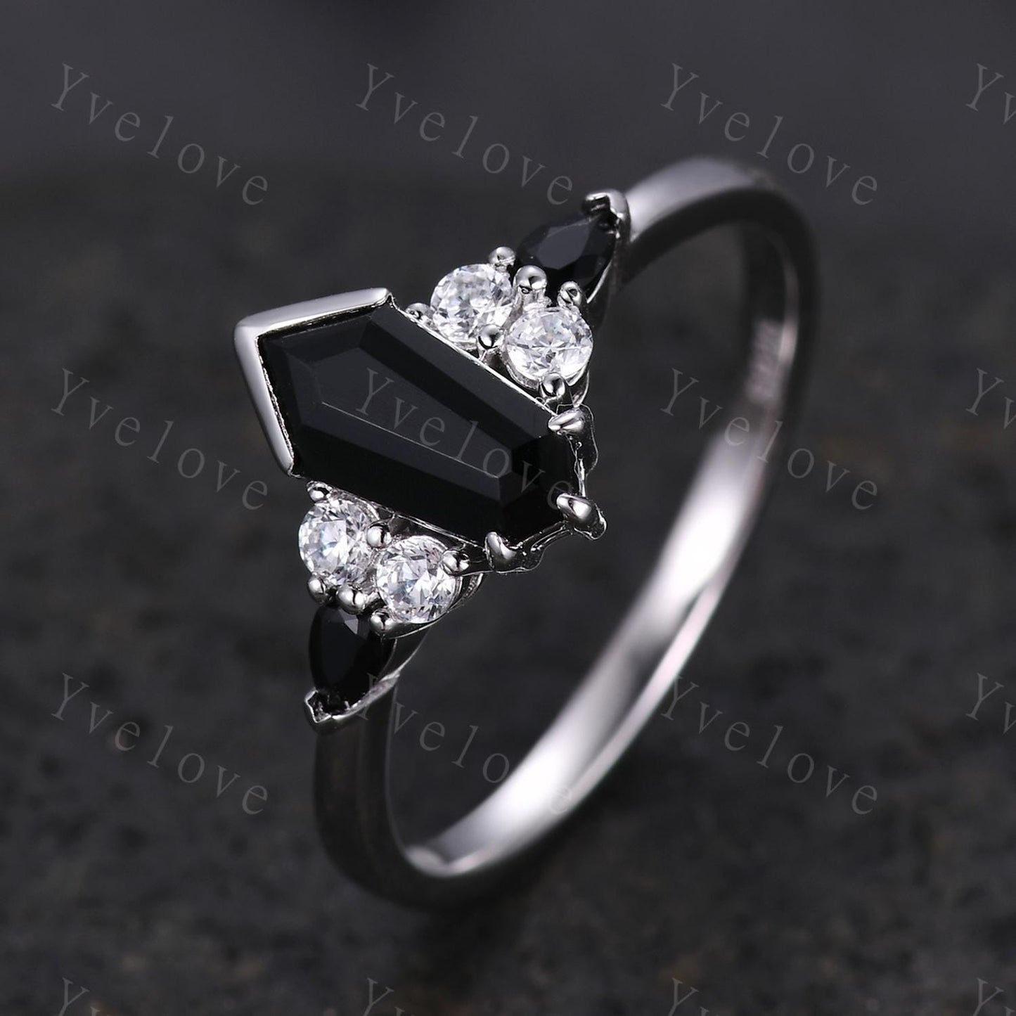 Gothic Coffin Kite Cut Black Onyx Engagement Ring,Unique Black Gems Ring,Diamond Stacking Matching Band Silver Promise Ring Anniversary Gift