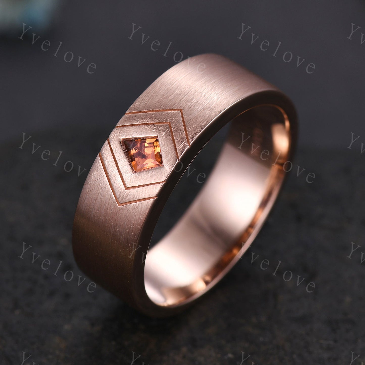 7mm Mens Kite Cut Orange Sapphire Wedding Band Sapphire Engagement Ring Rose Gold Brushed Finish Band Mens Stacking Band His Wedding band