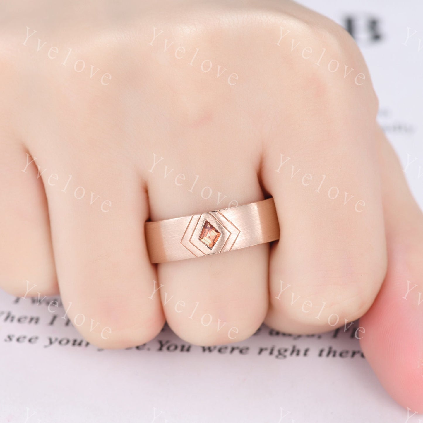 7mm Mens Kite Cut Orange Sapphire Wedding Band Sapphire Engagement Ring Rose Gold Brushed Finish Band Mens Stacking Band His Wedding band