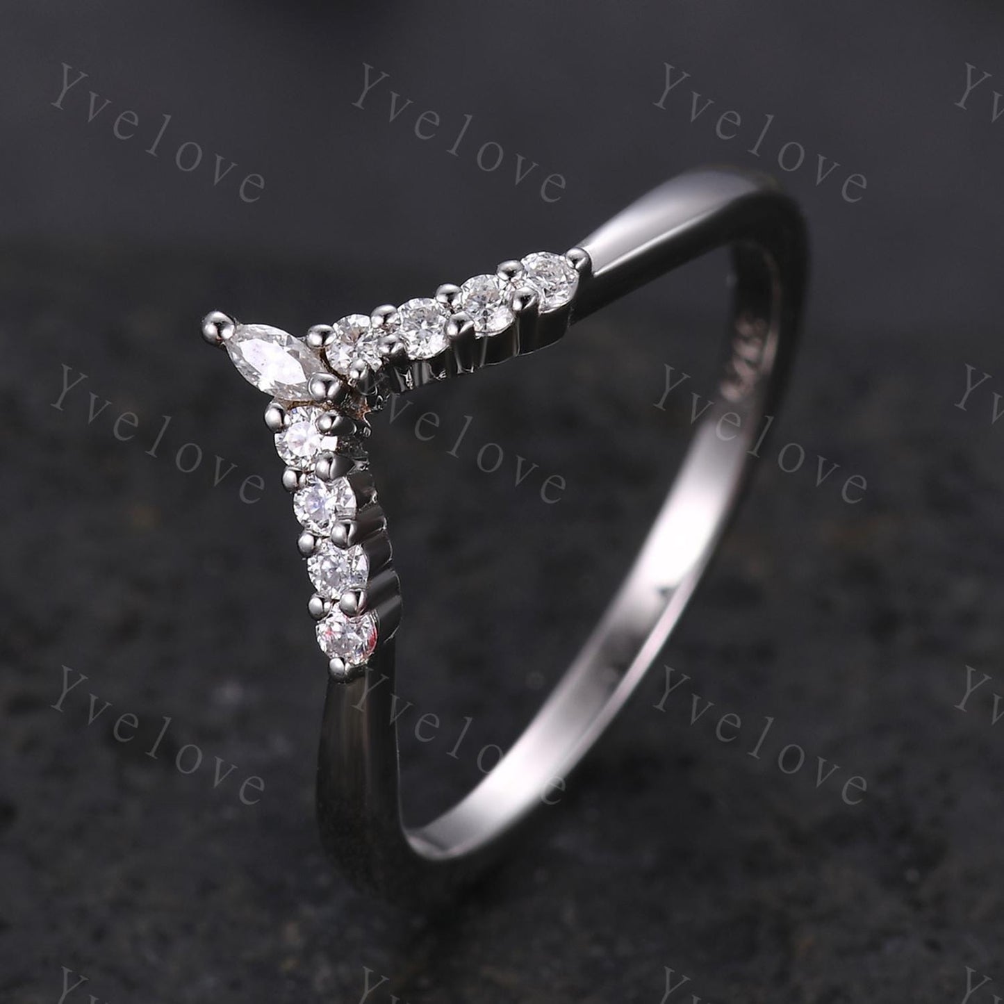 Dainty Diamond Wedding Band Moissanite Solid White Gold Royal Curve Ring,V Shaped Chevron Ring Diamond Stackable Matching Band Handmade Gift