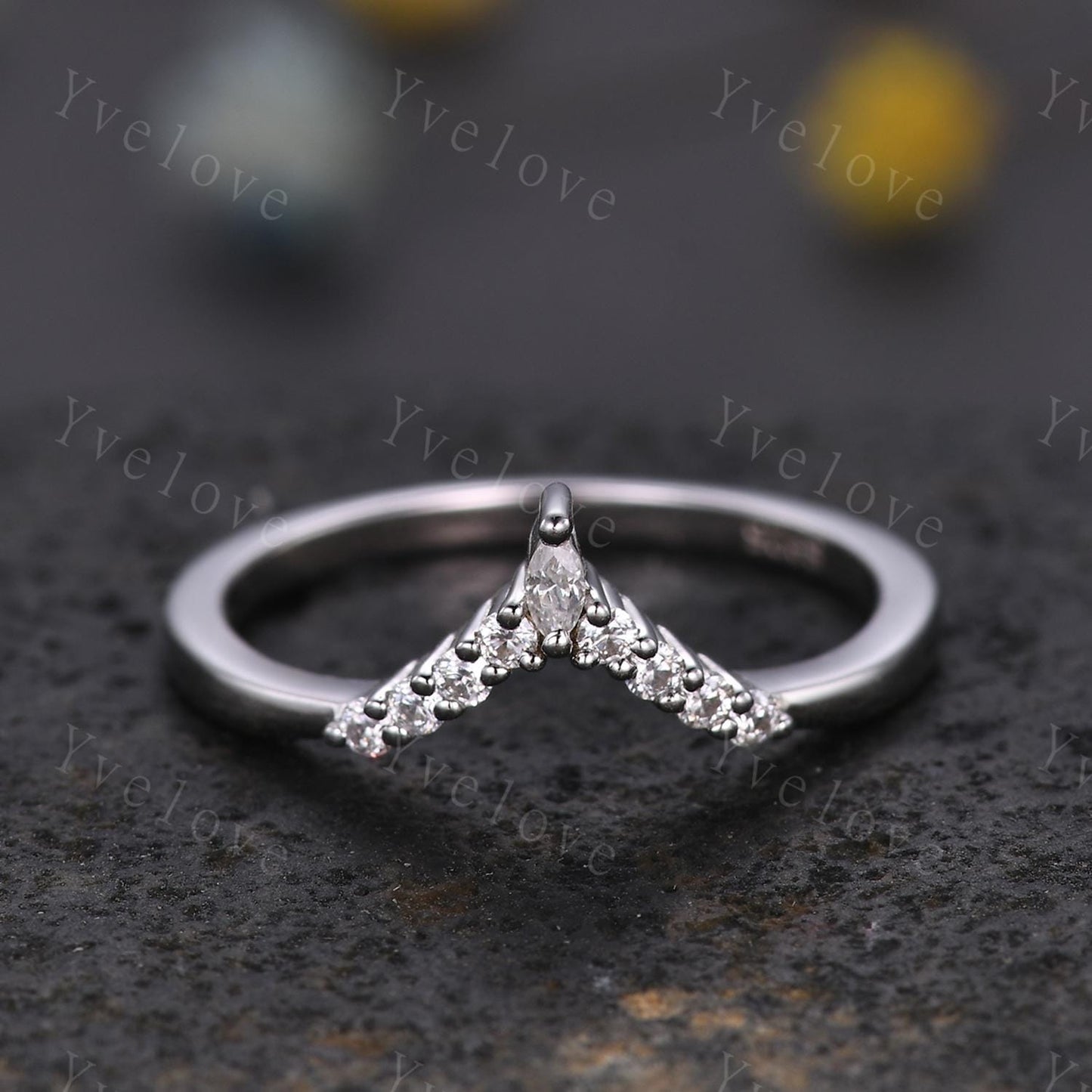 Dainty Diamond Wedding Band Moissanite Solid White Gold Royal Curve Ring,V Shaped Chevron Ring Diamond Stackable Matching Band Handmade Gift