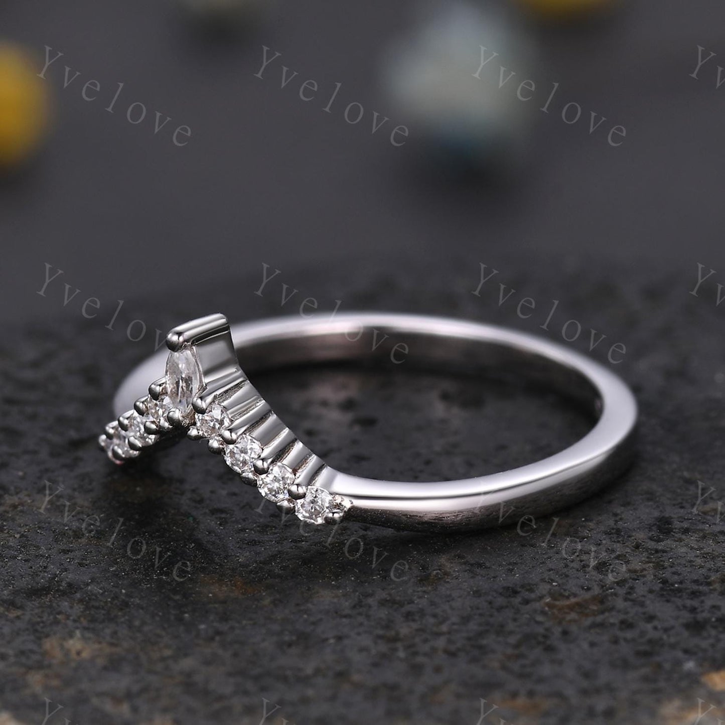 Dainty Diamond Wedding Band Moissanite Solid White Gold Royal Curve Ring,V Shaped Chevron Ring Diamond Stackable Matching Band Handmade Gift