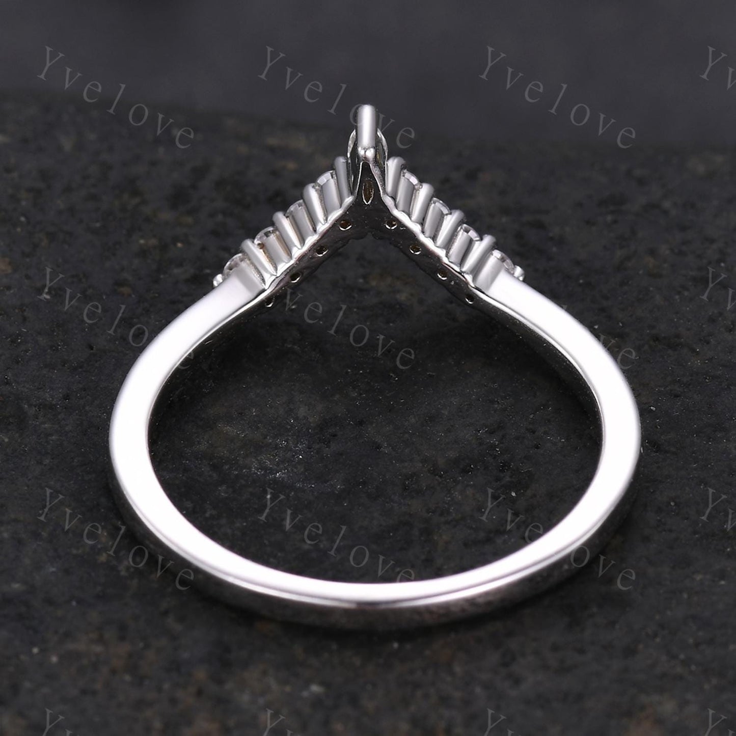Dainty Diamond Wedding Band Moissanite Solid White Gold Royal Curve Ring,V Shaped Chevron Ring Diamond Stackable Matching Band Handmade Gift