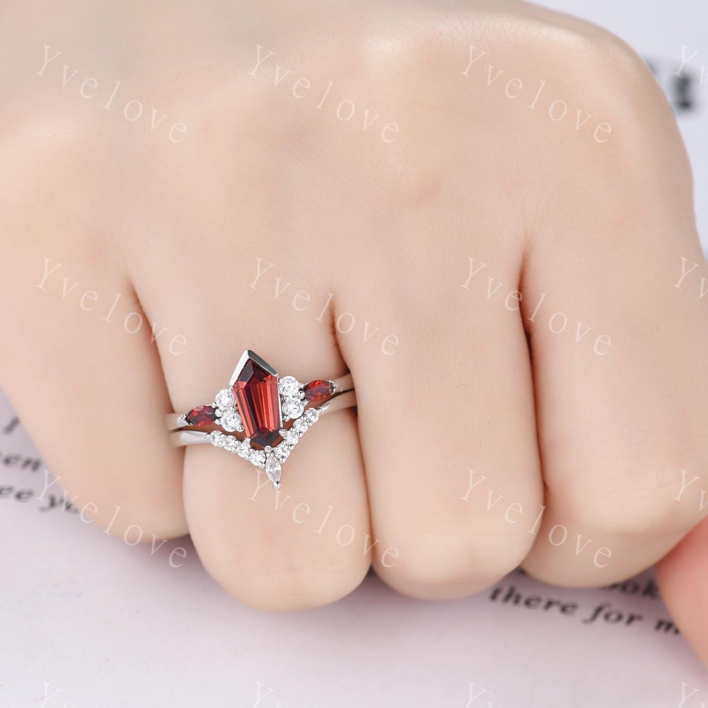 Art Deco Coffin Cut Red Garnet Engagement Ring Set,Unique Garnet Ring,Curved Diamond Stacking Matching Band Promise Anniversary Ring Gift