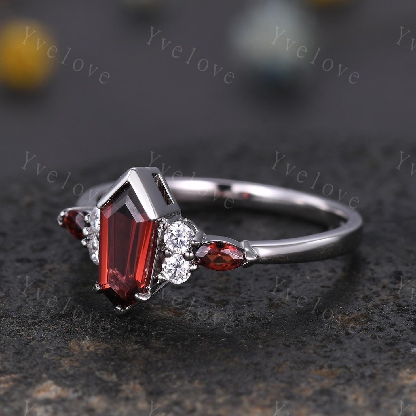 Art Deco Coffin Kite Cut Red Garnet Engagement Ring,Unique Garnet Ring,Diamond Stacking Matching Band Silver Promise Ring Anniversary Gift