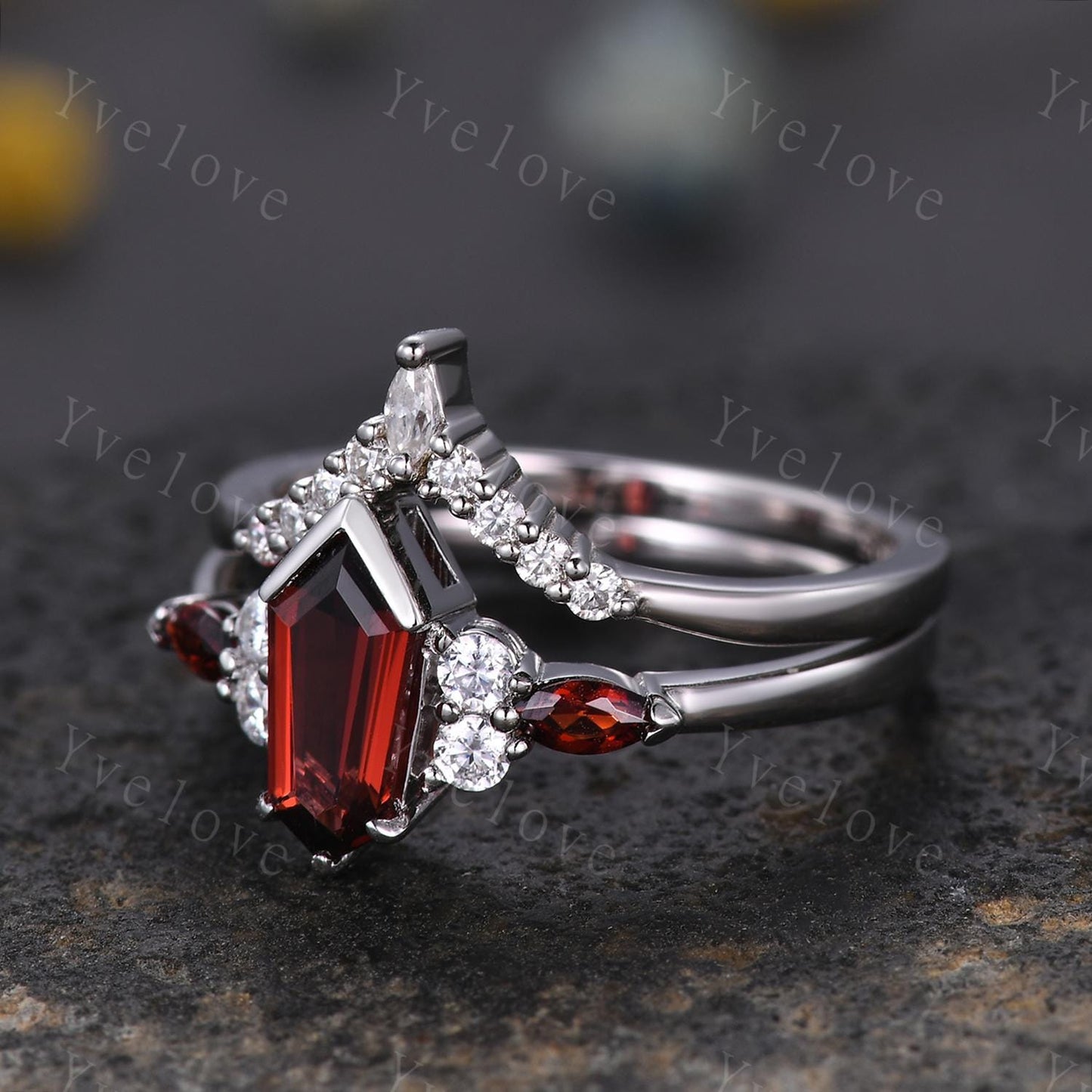 Art Deco Coffin Kite Cut Red Garnet Engagement Ring,Unique Garnet Ring,Diamond Stacking Matching Band Silver Promise Ring Anniversary Gift