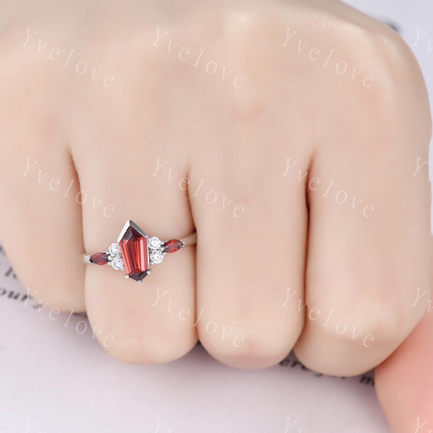 Art Deco Coffin Kite Cut Red Garnet Engagement Ring,Unique Garnet Ring,Diamond Stacking Matching Band Silver Promise Ring Anniversary Gift