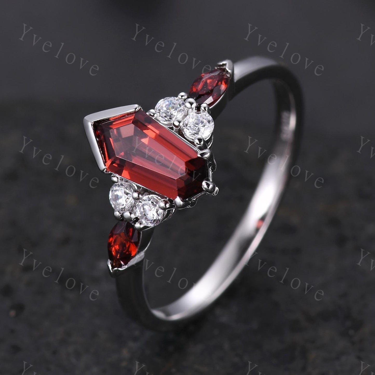Art Deco Coffin Kite Cut Red Garnet Engagement Ring,Unique Garnet Ring,Diamond Stacking Matching Band Silver Promise Ring Anniversary Gift