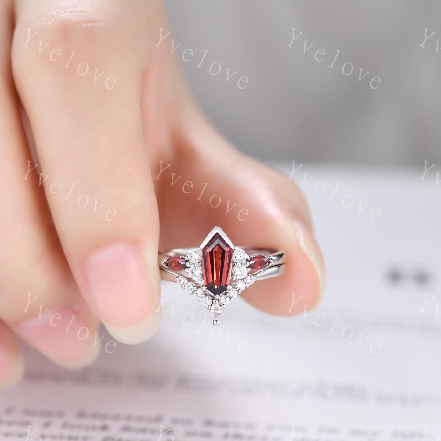 Art Deco Coffin Kite Cut Red Garnet Engagement Ring,Unique Garnet Ring,Diamond Stacking Matching Band Silver Promise Ring Anniversary Gift