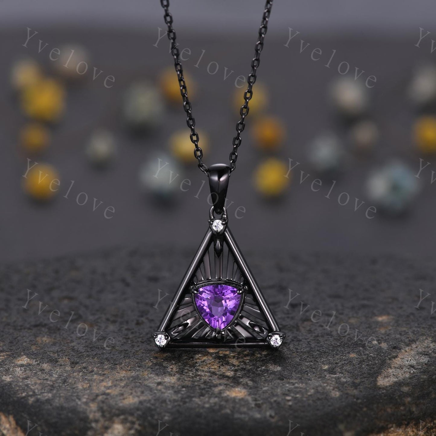 Gothic triangle cut amethyst pendant black gold unique trillion shape purple amethyst engagement necklace women retro wedding necklace gift