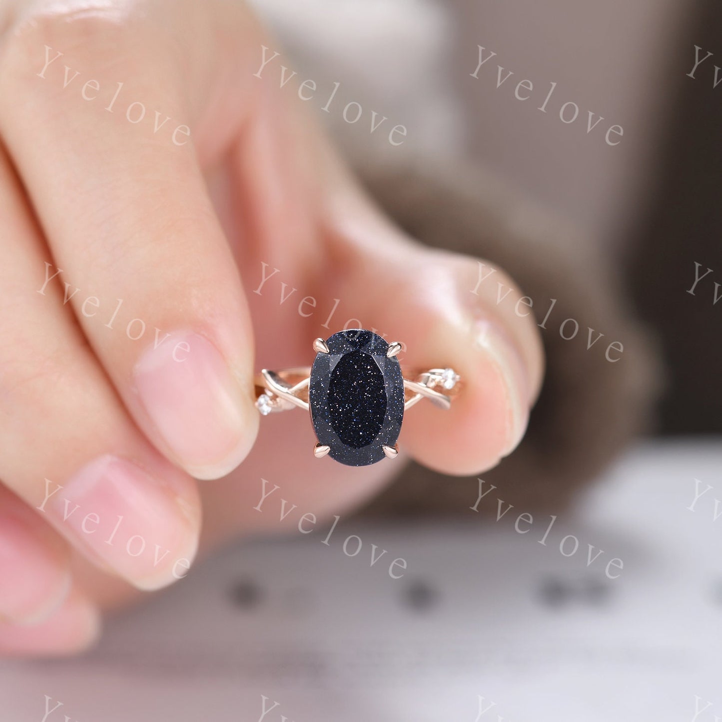 12x8mm Oval Cut Twig Blue Sandstone Engagement Ring Set,14k Rose Gold,Galaxy Vintage Unique Promise Ring Set Gift For Women Statement Ring