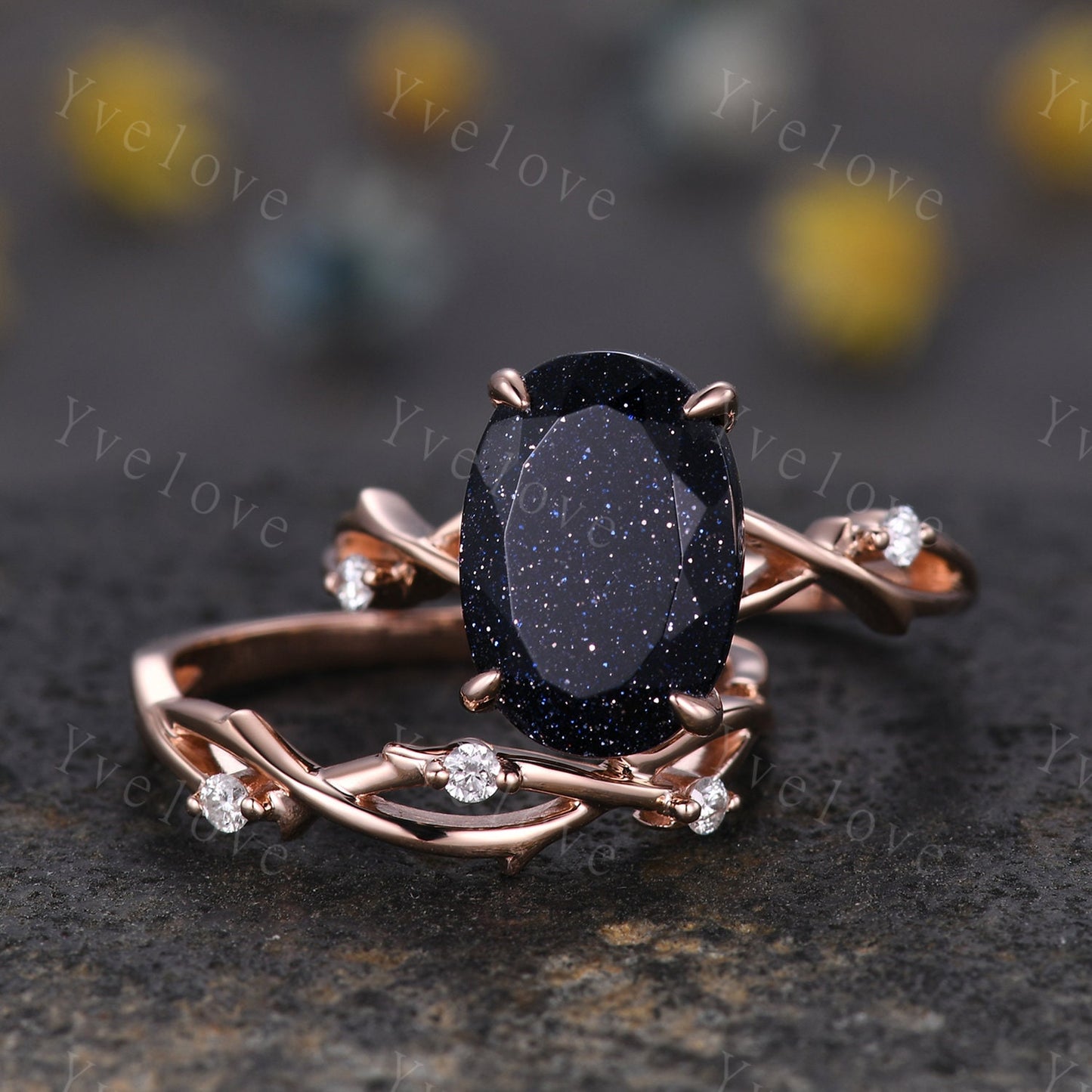 12x8mm Oval Cut Twig Blue Sandstone Engagement Ring,14k Rose Gold,Diamond Galaxy Vintage Unique Promise Ring Gift For Women Statement Ring