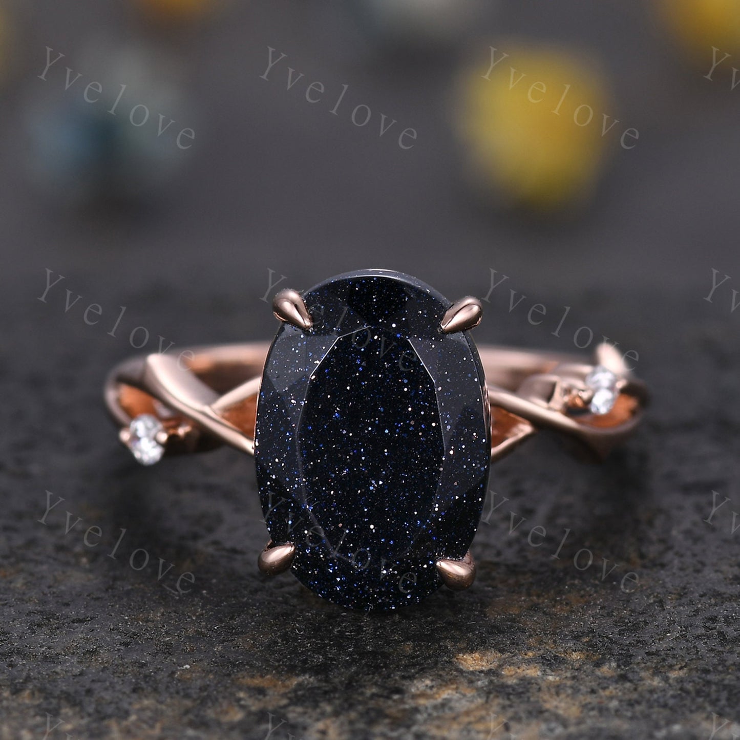 12x8mm Oval Cut Twig Blue Sandstone Engagement Ring Set,14k Rose Gold,Galaxy Vintage Unique Promise Ring Set Gift For Women Statement Ring