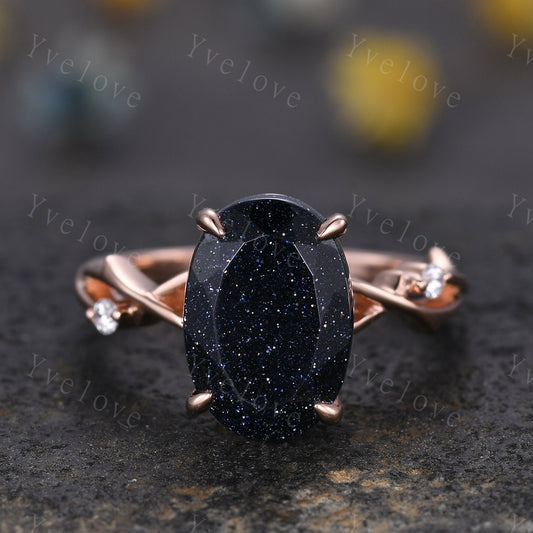 12x8mm Oval Cut Twig Blue Sandstone Engagement Ring,14k Rose Gold,Diamond Galaxy Vintage Unique Promise Ring Gift For Women Statement Ring