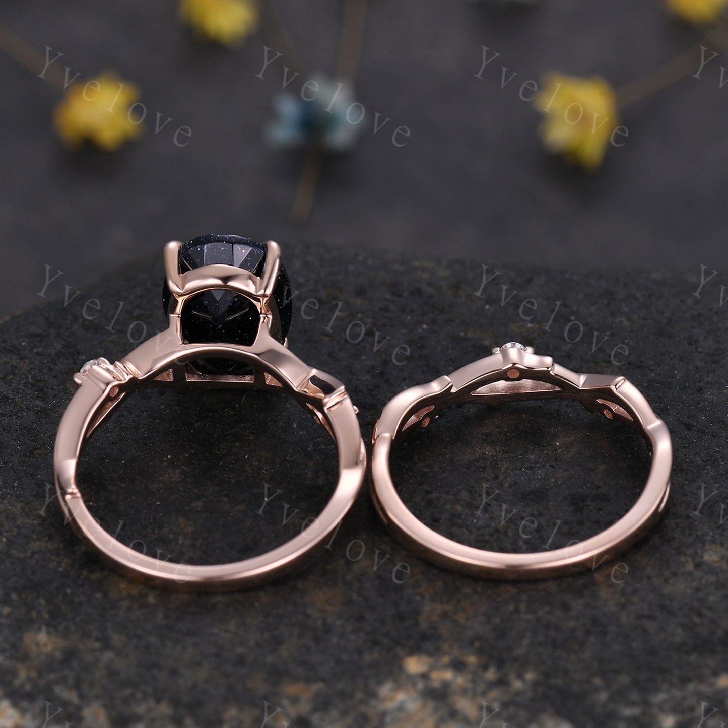 12x8mm Oval Cut Twig Blue Sandstone Engagement Ring Set,14k Rose Gold,Galaxy Vintage Unique Promise Ring Set Gift For Women Statement Ring