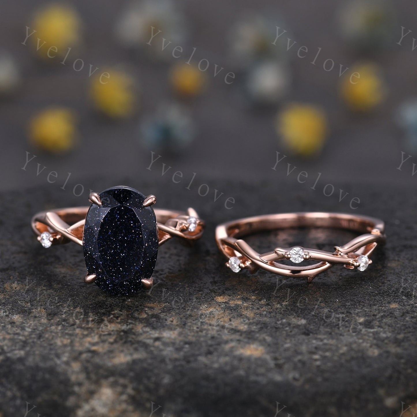 12x8mm Oval Cut Twig Blue Sandstone Engagement Ring Set,14k Rose Gold,Galaxy Vintage Unique Promise Ring Set Gift For Women Statement Ring