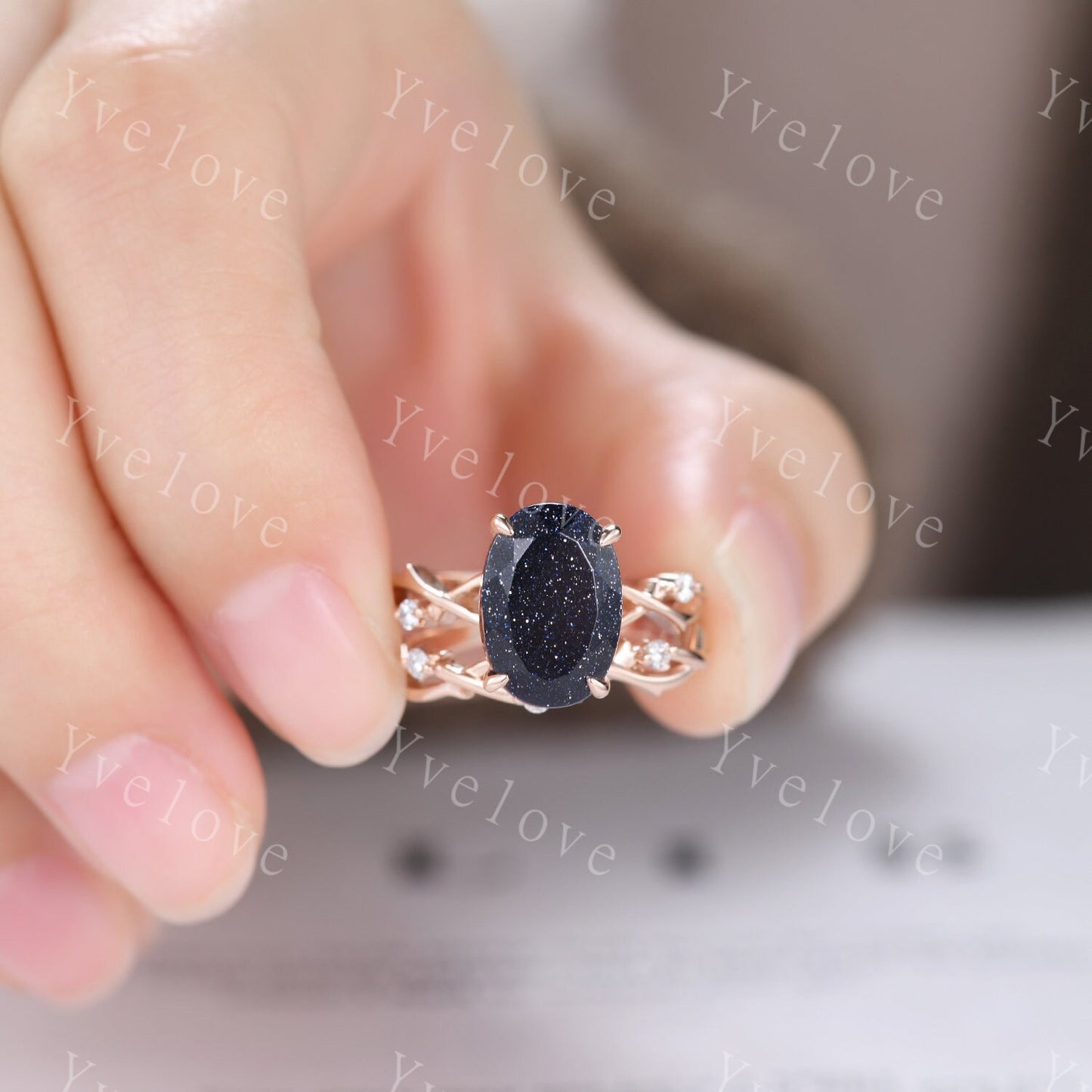 12x8mm Oval Cut Twig Blue Sandstone Engagement Ring Set,14k Rose Gold,Galaxy Vintage Unique Promise Ring Set Gift For Women Statement Ring