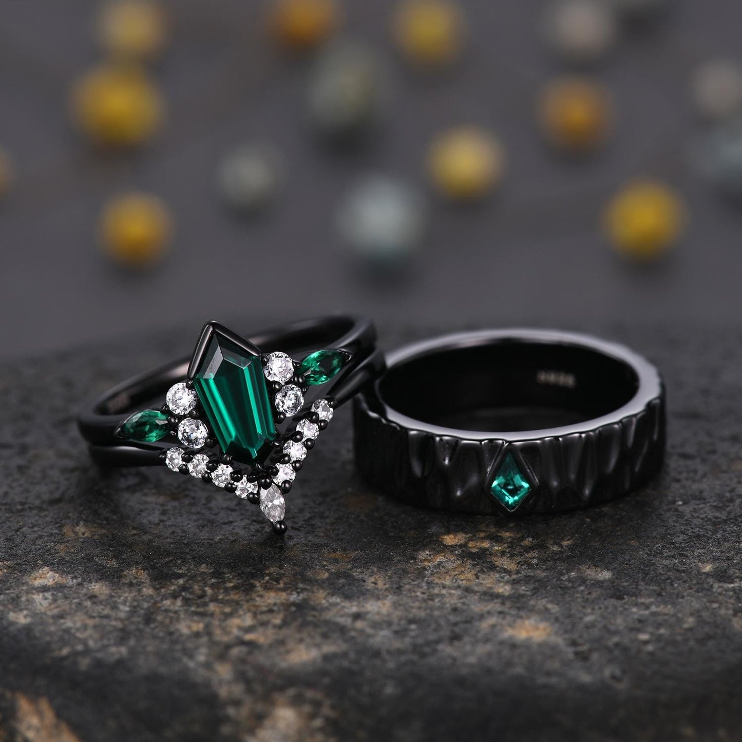 5mm Black Gold Mens Kite Cut Green Emerald Wedding Band Emerald Engagement Ring  Hammered Finished Band Mens Stacking Band His Wedding band