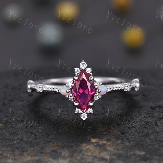 Vintage Marquise Cut Red Ruby Engagement Ring,White Opal Moissanite Wedding Band,Milgrain,Solid White Gold,Women Promise Gift For Her,Custom