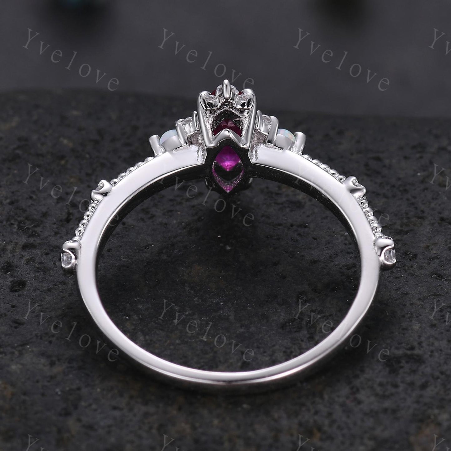 Vintage Marquise Cut Red Ruby Engagement Ring,White Opal Moissanite Wedding Band,Milgrain,Solid White Gold,Women Promise Gift For Her,Custom