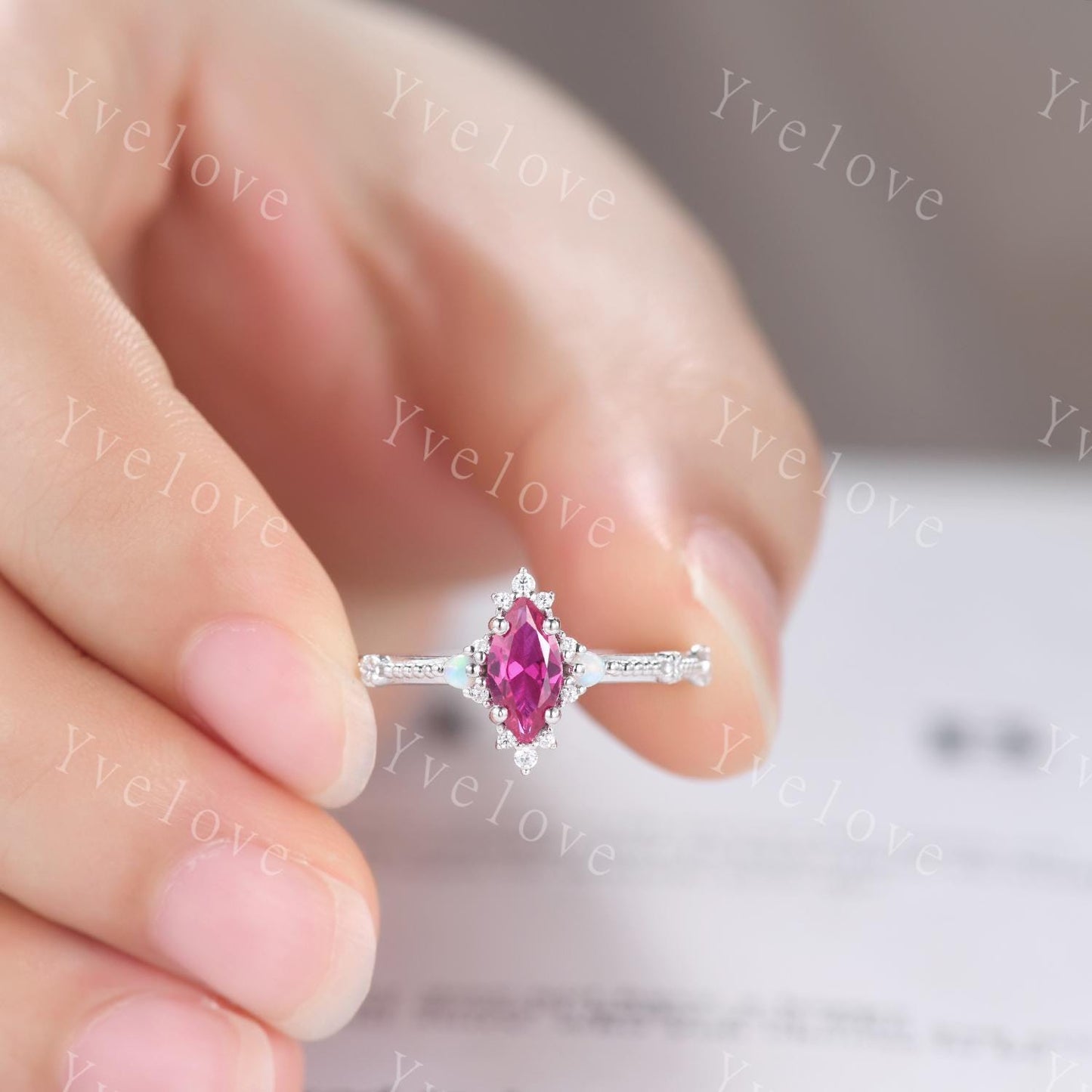 Vintage Marquise Cut Red Ruby Engagement Ring,White Opal Moissanite Wedding Band,Milgrain,Solid White Gold,Women Promise Gift For Her,Custom