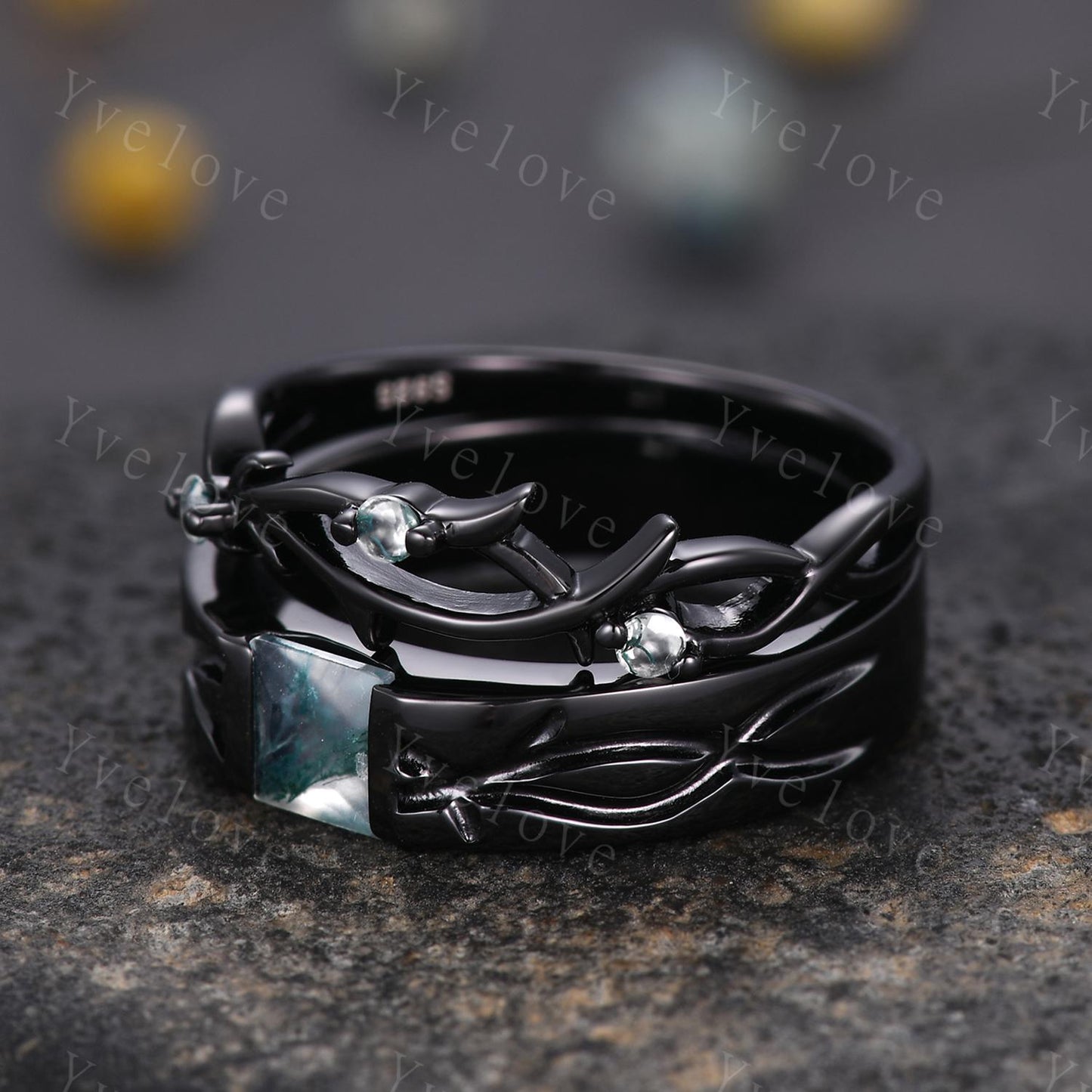 Couples ring set Moss agate ring twig ring for men and women His and Hers wedding band Black Silver Promise Stacking Band Retro Vintage Gift