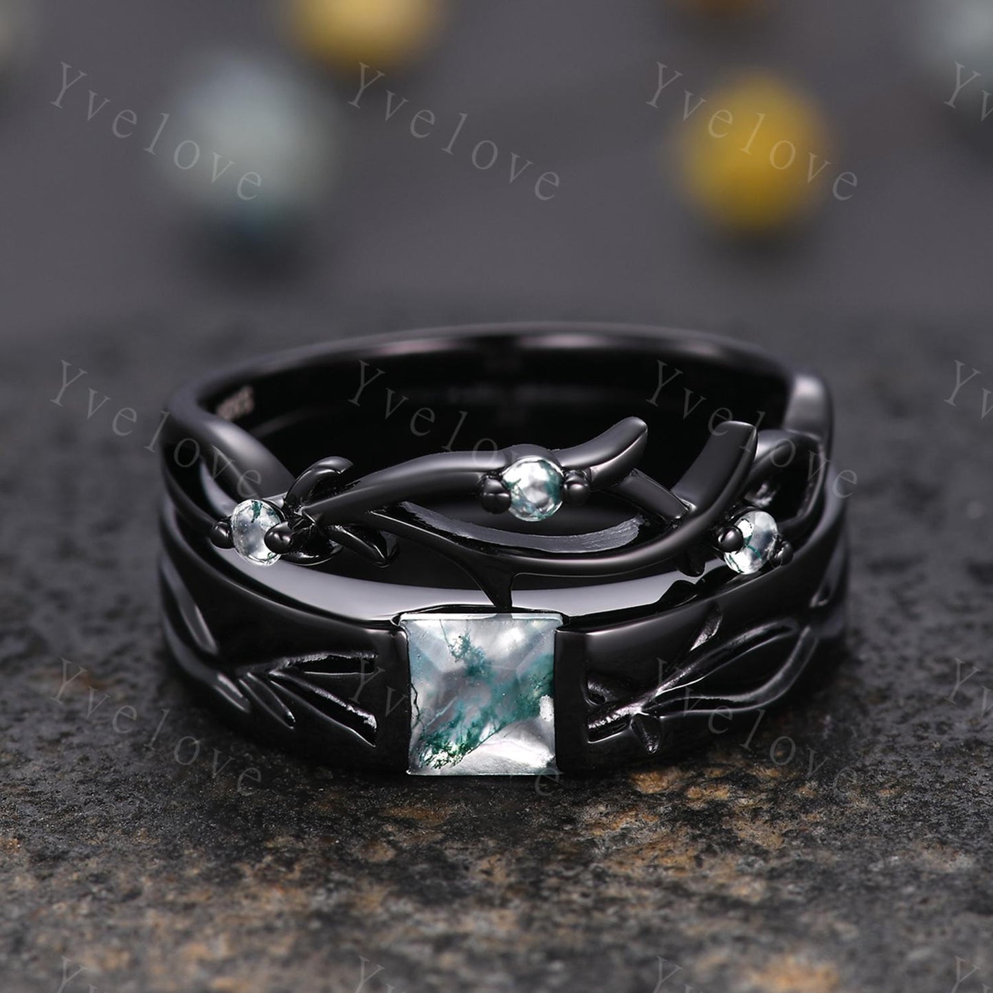 Couples ring set Moss agate ring twig ring for men and women His and Hers wedding band Black Silver Promise Stacking Band Retro Vintage Gift