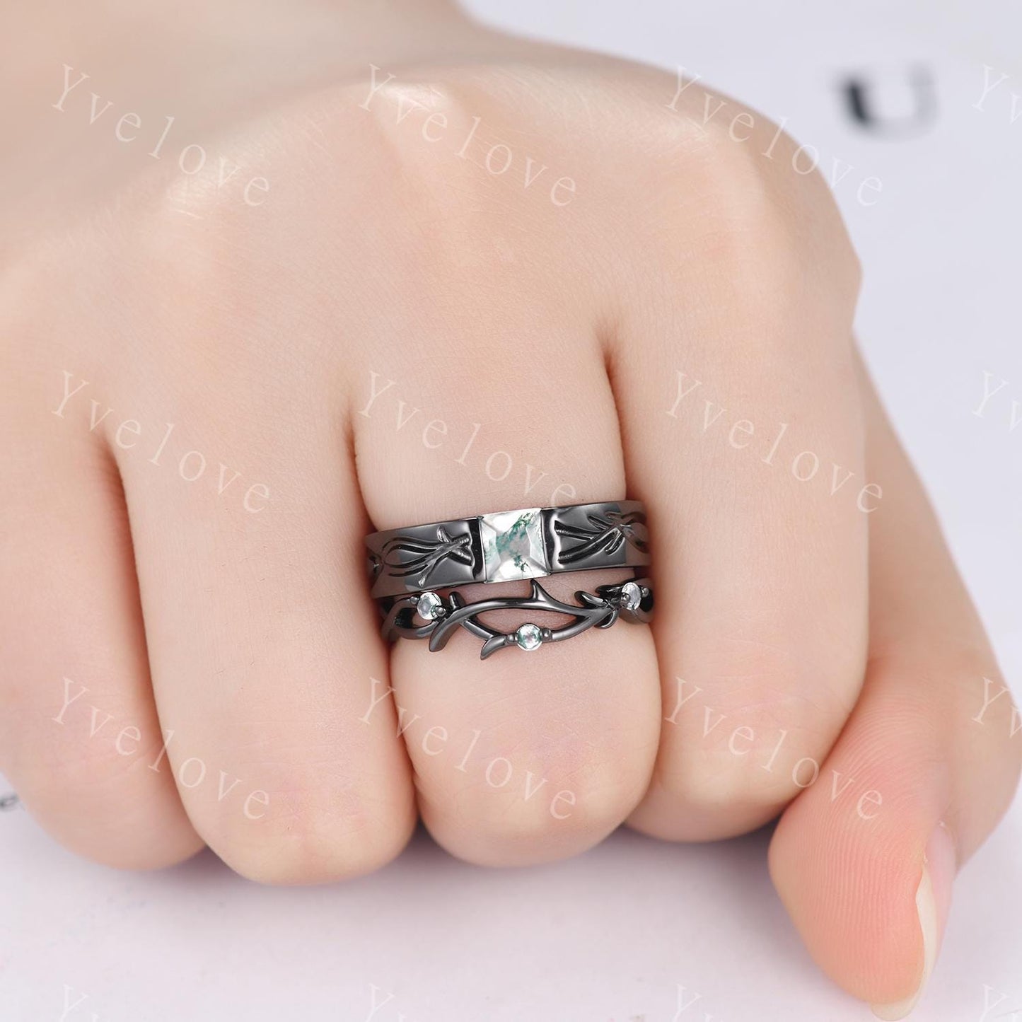 Couples ring set Moss agate ring twig ring for men and women His and Hers wedding band Black Silver Promise Stacking Band Retro Vintage Gift