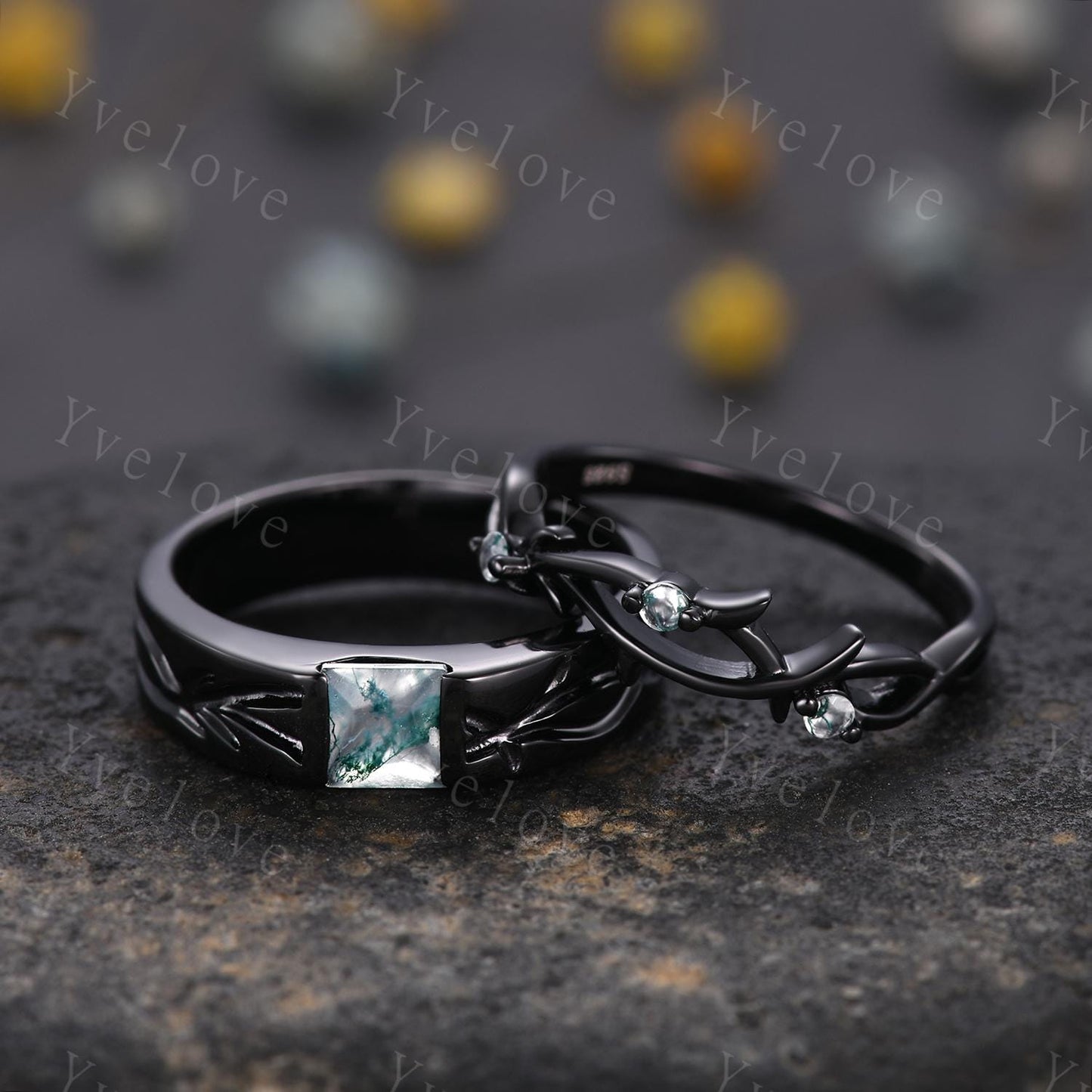 Couples ring set Moss agate ring twig ring for men and women His and Hers wedding band Black Silver Promise Stacking Band Retro Vintage Gift