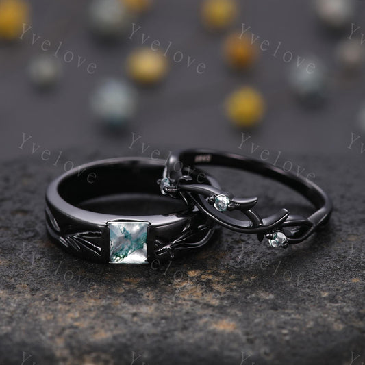 Couples ring set Moss agate ring twig ring for men and women His and Hers wedding band Black Silver Promise Stacking Band Retro Vintage Gift
