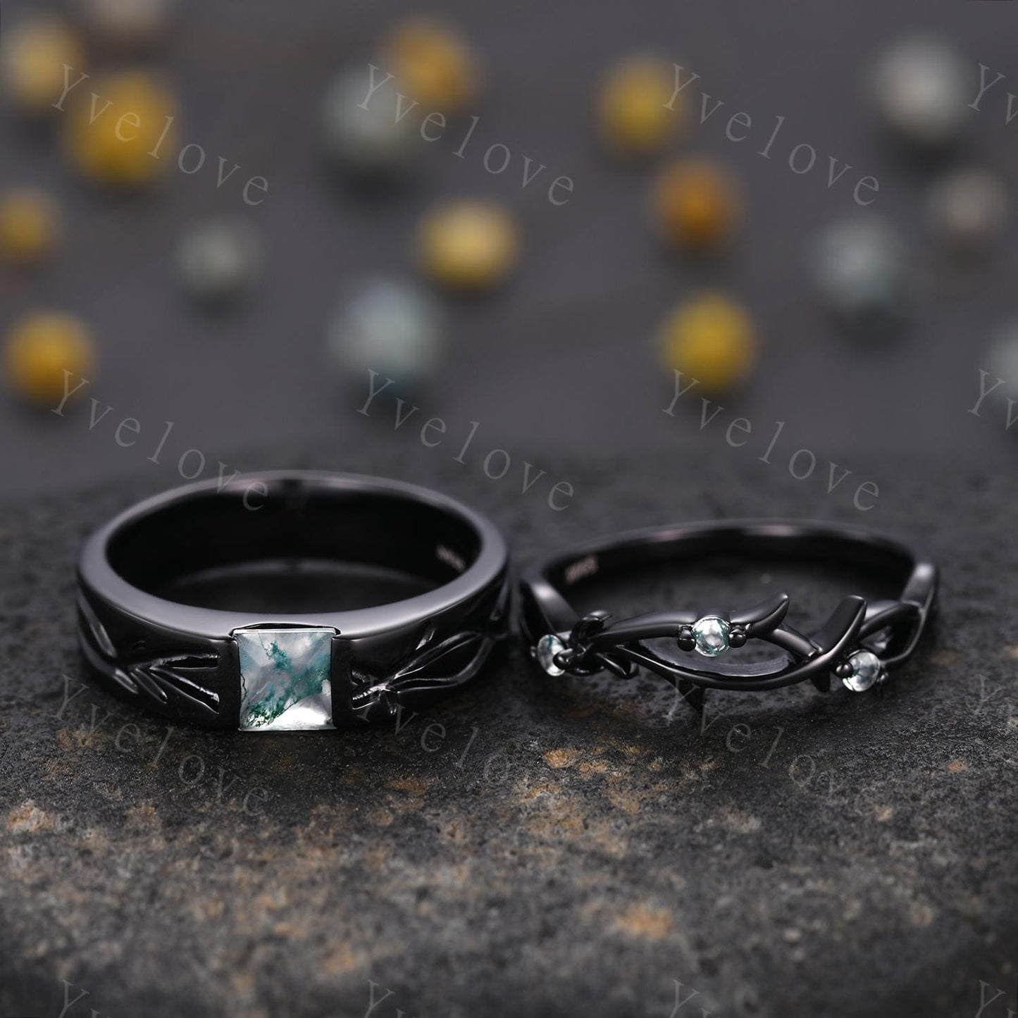 Couples ring set Moss agate ring twig ring for men and women His and Hers wedding band Black Silver Promise Stacking Band Retro Vintage Gift