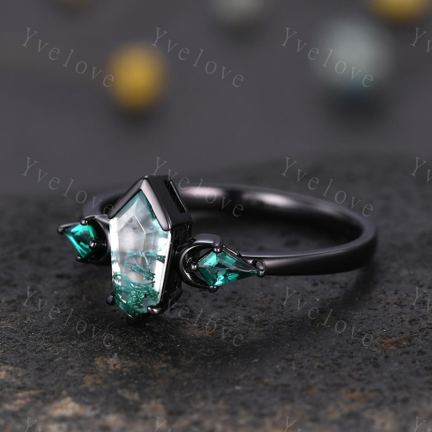 Gothic Coffin Cut Moss Agate Engagement Ring,Unique Natural Agate Ring,Kite Green Emerald Ring,Black Gold Moon Band Promise Gift Bridal Ring