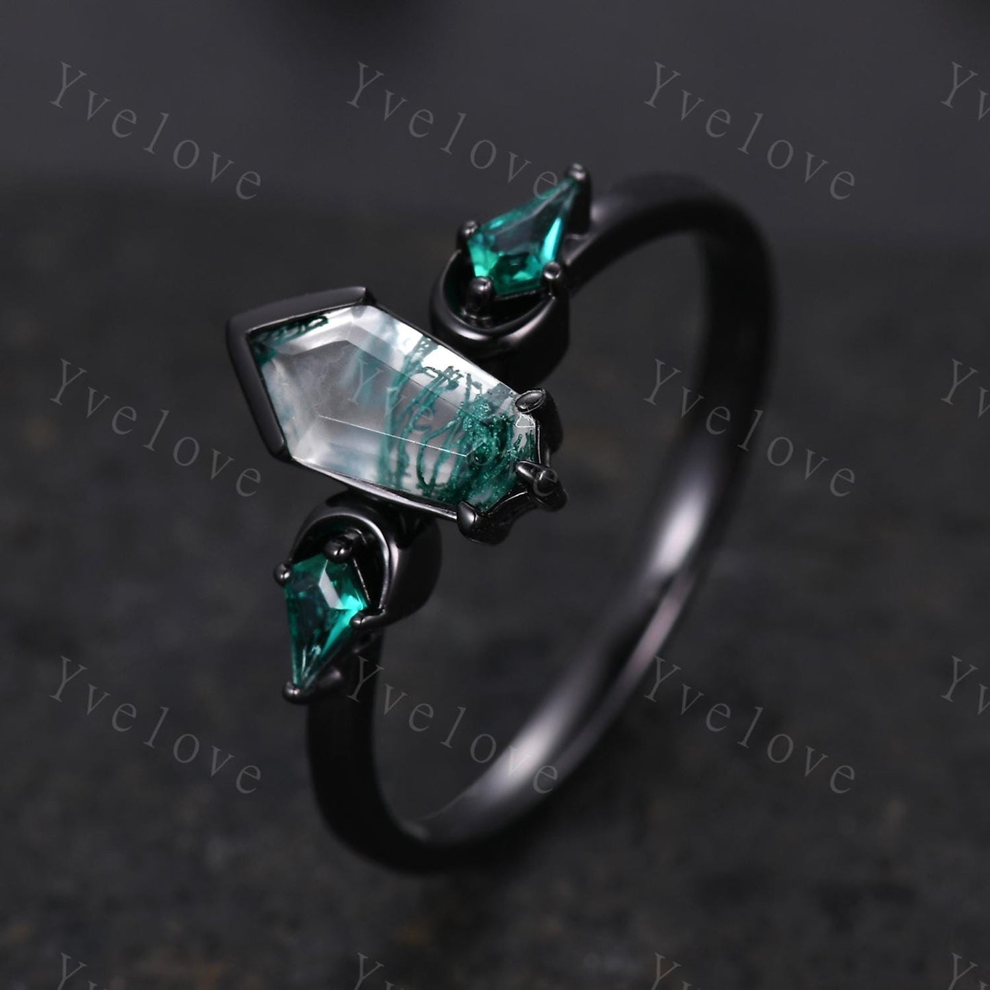 Gothic Coffin Cut Moss Agate Engagement Ring,Unique Natural Agate Ring,Kite Green Emerald Ring,Black Gold Moon Band Promise Gift Bridal Ring