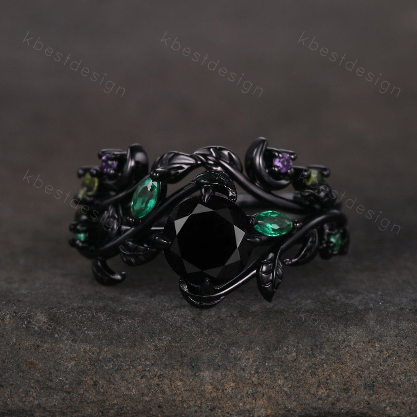 Vintage round cut black onyx engagement ring black gold emerald cluster leaf wedding ring set nature inspired bridal promise ring for her