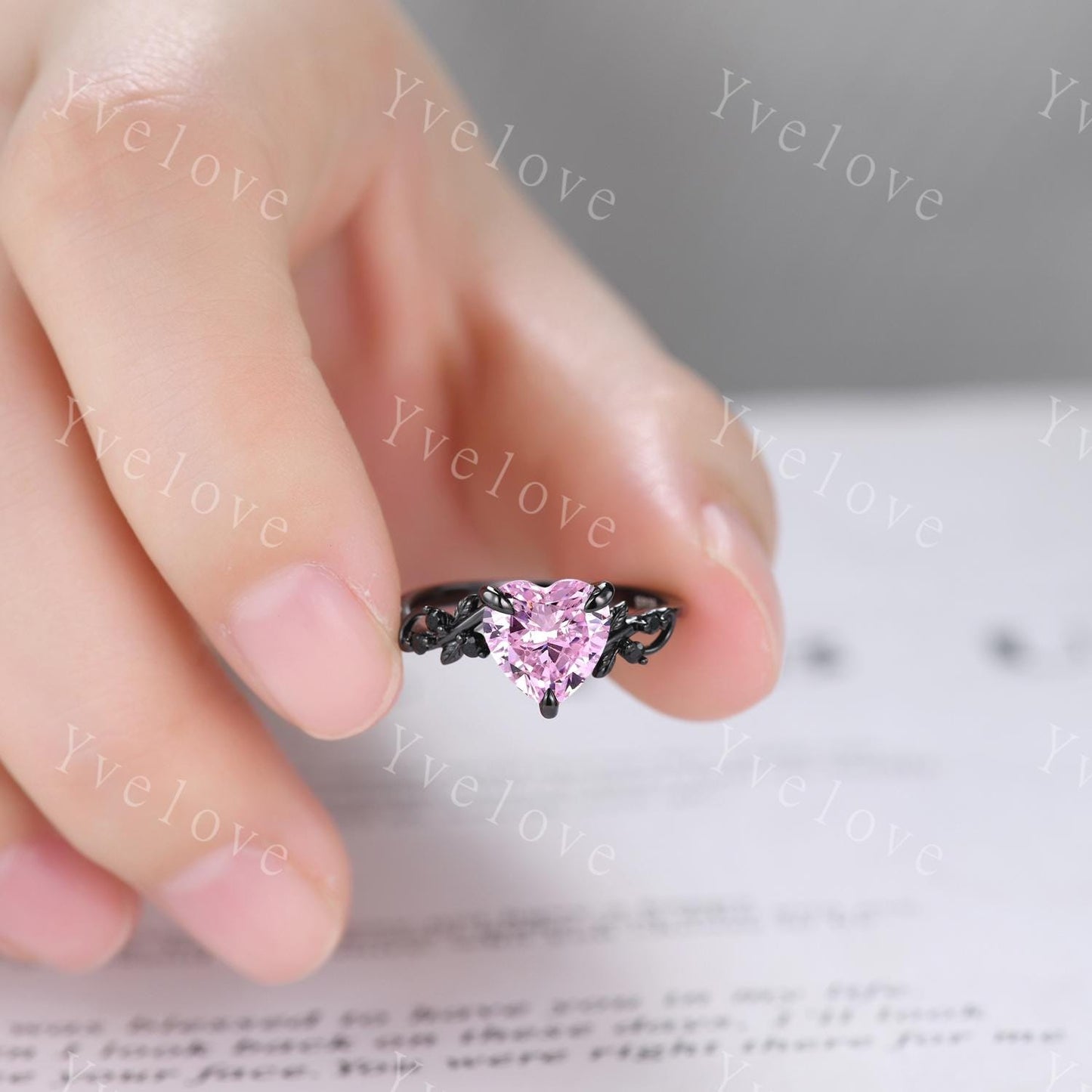 8mm Pink Heart Ring,Pink CZ Ring,Gothic Twig Vine Leaf Ring,Antique Pink Simulated Bridal Promise Ring ,Black Gold Wedding Ring Set,Custom